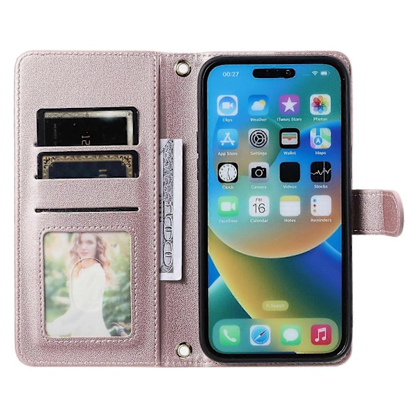 För iPhone 14 Pro Fodral Sömnad Romber Grid PU Läder Plånboksfodral Multicolor Rose Gold