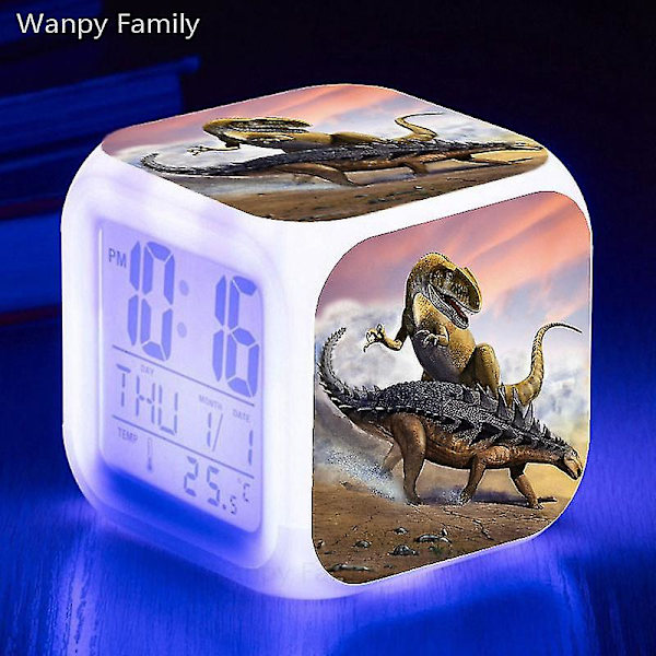 Tyrannosaurus Dinosaurie Väckarklocka 7 färgbyte Multifunktions väckningstimer Barnrum Lysande elektronisk watch Present till barn Yellow