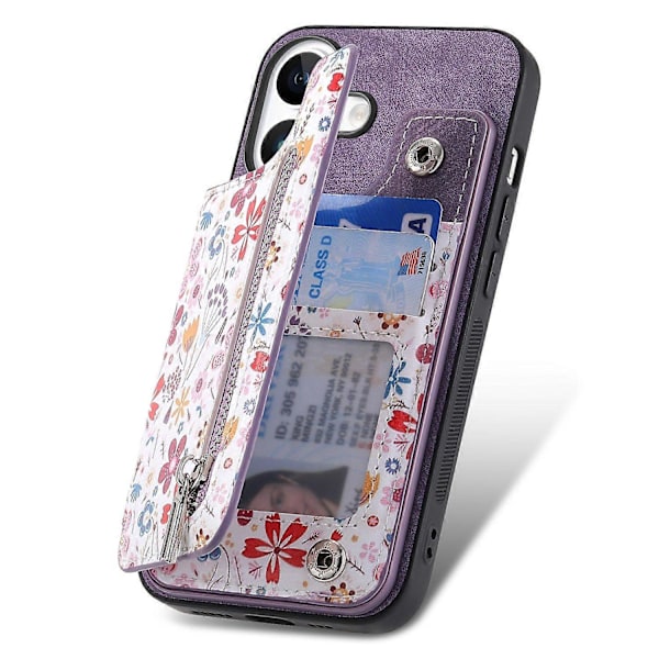 D10 Fodral för iPhone 16 Plus Mönster Ställ Plånbok Läder+TPU Telefonskal RFID-skydd - Grön Multicolor Purple