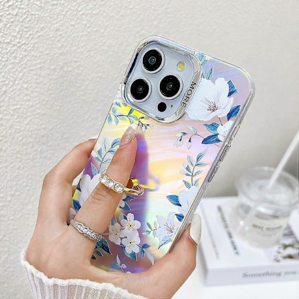 Blommig Lasertextur Skal för iPhone 15 Pro Max med Ringstativ Multicolor Style H