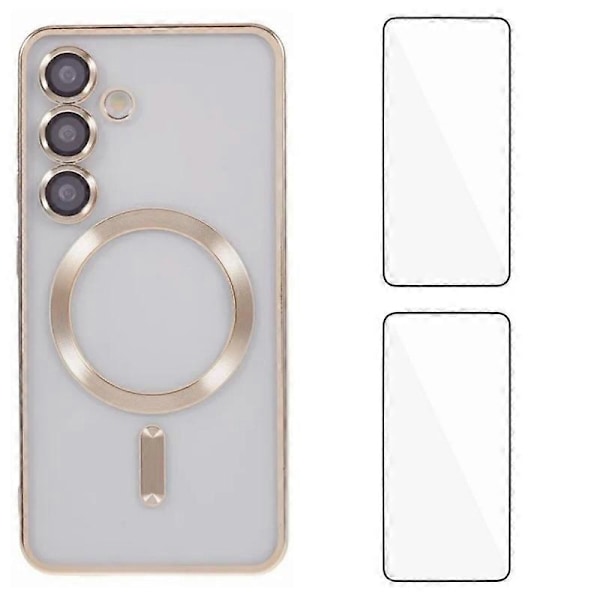 For Samsung Galaxy S24 FE Magnetisk Deksel WANLONFENG Elektroplettert TPU-deksel med Linsefilm + 2 stk Tem Multicolor Gold