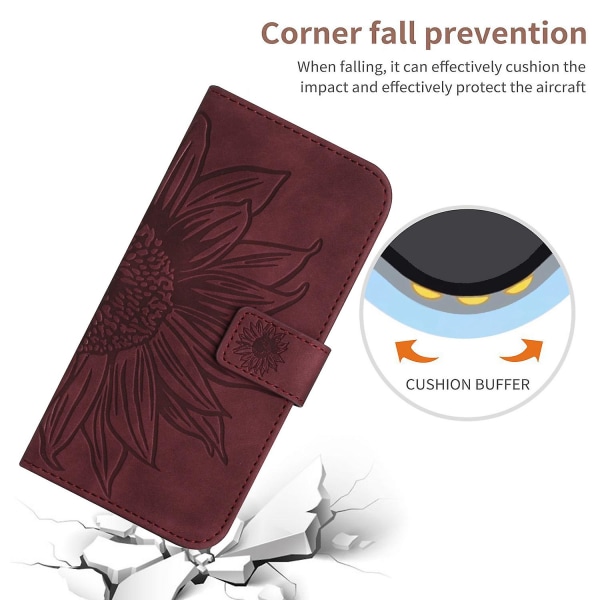 Ht04 Pu Läder Phone case För Oppo Reno10 Pro+ 5g Sunflower Imprint Cover med axelrem Wine Red