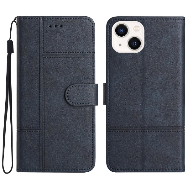 Læder Wallet Case til iPhone 15, Linje Præget Ko Læder Tekstur Stand Telefon Cover Blue