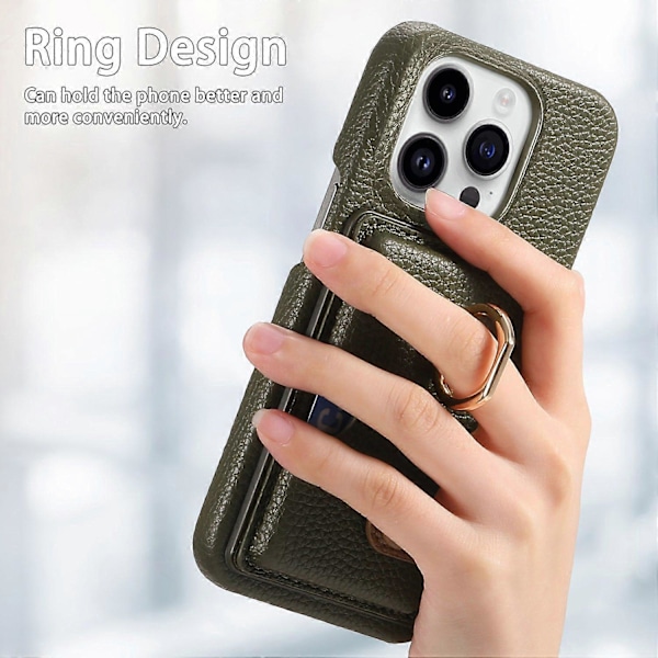 Y2 iPhone 16 Pro Max -kotelo, jossa sormipidike, jalusta, korttipaikka, nahkainen puhelimen takakuori - Date Apricot Multicolor Green