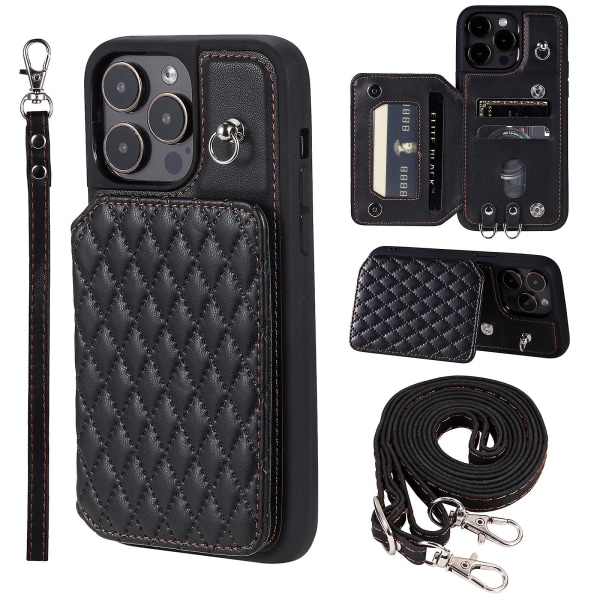 Rfid-blockerande phone case för Iphone 15 Pro Max Stötsäker Pu+tpu-telefonskal med remmar Black
