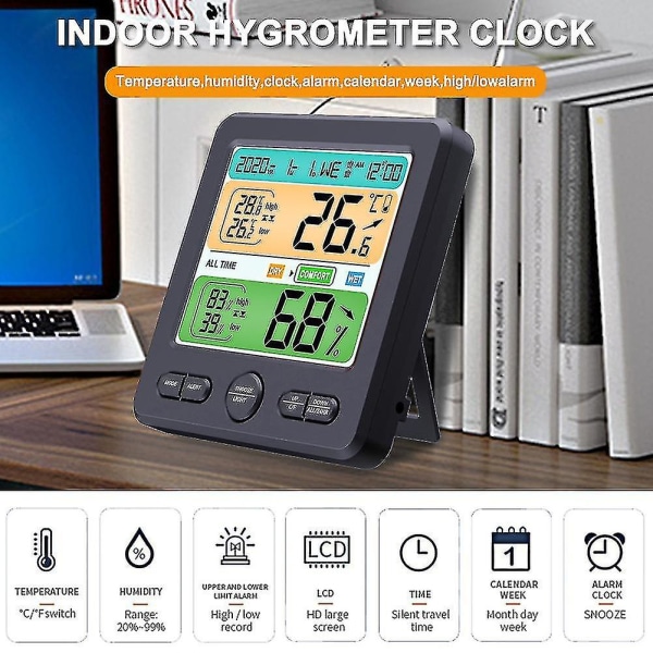 Väderstation Trådlös inomhus utomhussensor Termometer Hygrometer Digital väckarklocka Barometer Prognos Färg Black