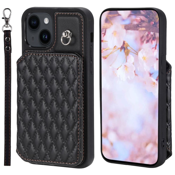 Phone case för Iphone 15 Rfid-blockerande korthållare Pu-läderbelagd TPU-skal med handledsrem Black