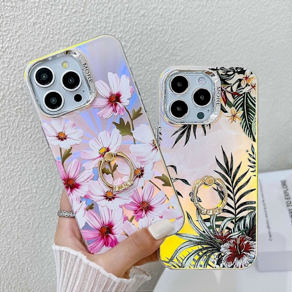 Blommig Lasertextur Skal för iPhone 15 Pro Max med Ringstativ Multicolor Style L