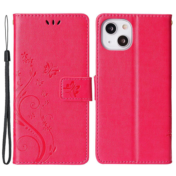 För Iphone 15 Plus Pu Läder Cover Phone case Imprinted Butterflies Shell Stand with rem Red