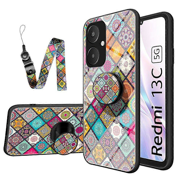Til Xiaomi Redmi 13C 5G/13R 5G/Poco M6 5G Hærdet Glas Cover Blomstermønster Støtteben Cover Multicolor Checkered Pattern
