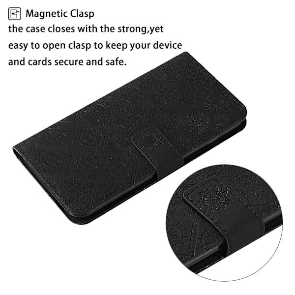 Læder Wallet Case til iPhone 15 Pro, Præget Blomster Folio Flip Stand Telefon Cover Black