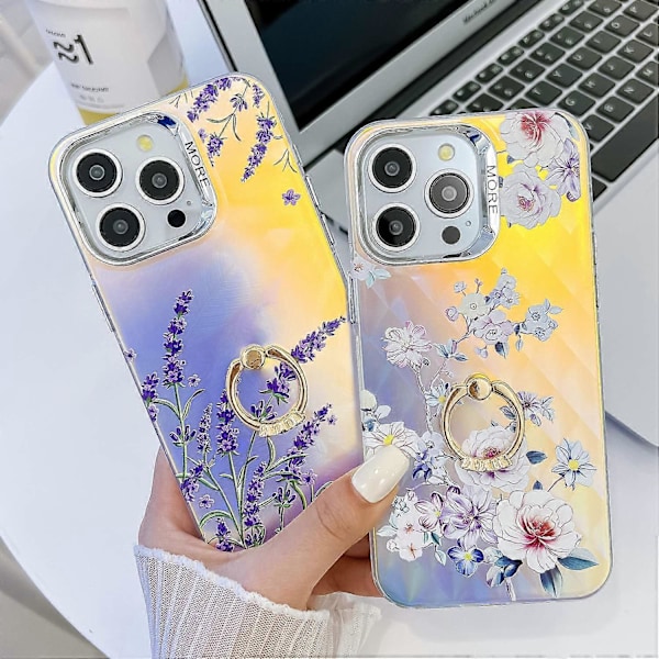 Blommig Lasertextur Skal för iPhone 15 Pro Max med Ringstativ Multicolor Style R