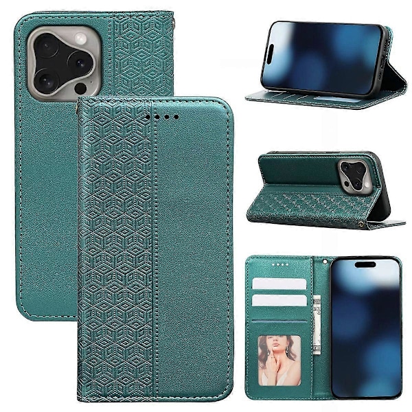 Plånboksfodral för iPhone 16 Pro Stark Magnetisk Rutmönstrad Präglad Läder Flip Cover Multicolor Green