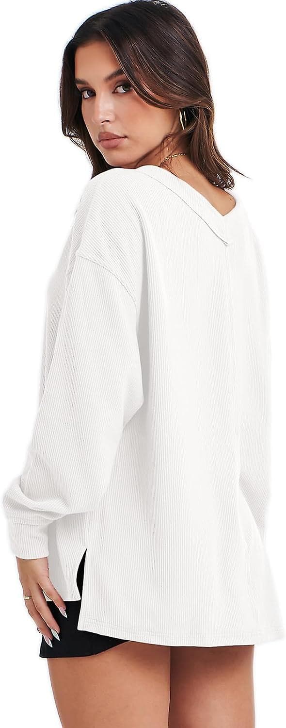 Langermet damegenser V-hals Off Shoulder Oversized Strikket Pullover Sweatshirt Løs High Low Høst Tunika Topper White Small