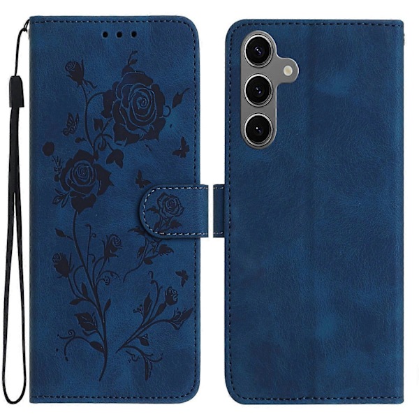 Til Samsung Galaxy S25/S24 Wallet Case Rose Mønster Præget Læder Flip Stand Telefon Cover Multicolor Dark Blue