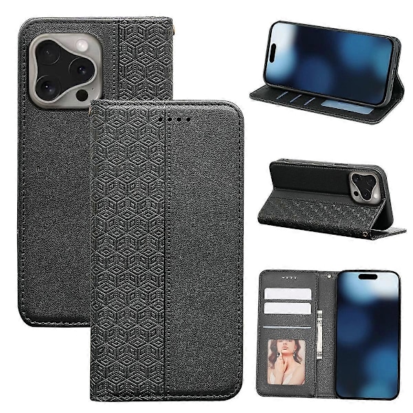 Plånboksfodral för iPhone 16 Pro Stark Magnetisk Rutmönstrad Präglad Läder Flip Cover Multicolor Black