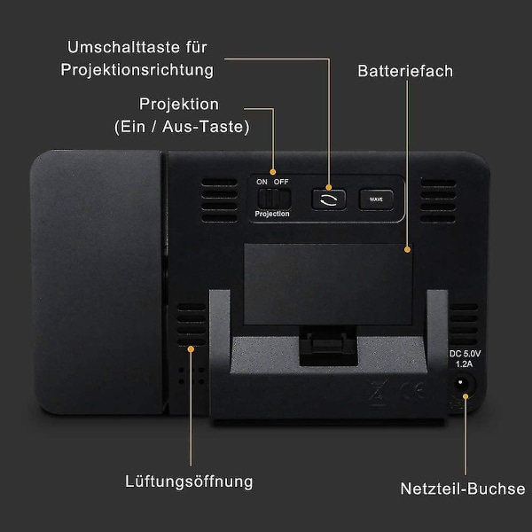 Projektionsväckarklocka, reseväckarklocka med projektions- USB anslutning Inomhustemperatur och luftfuktighet Bordsklocka Snooze-funktion Tw