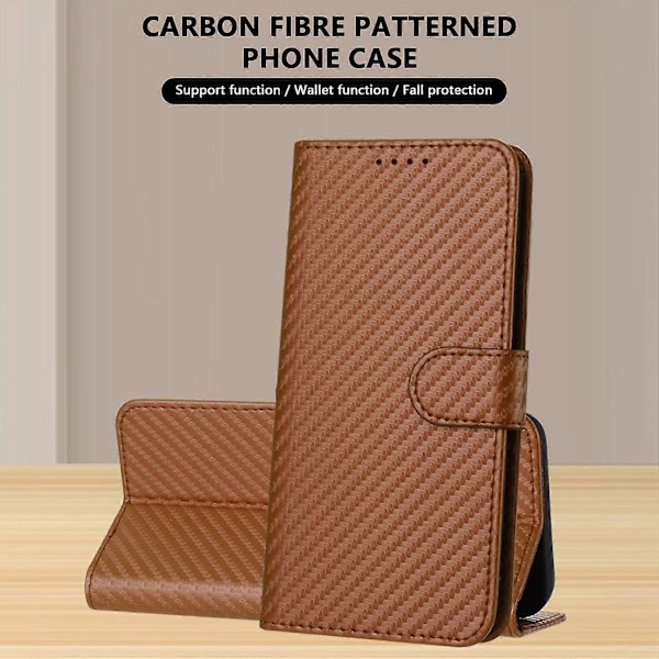 For iPhone 17 Pro Max Wallet Case med Rem Kulfibertekstur Læder Mobilcover Multicolor Coffee