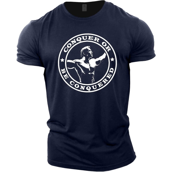 Gymtier Bodybuilding T-shirt för män - Arnold Schwarzenegger Conquer - Gym Training Top Navy S