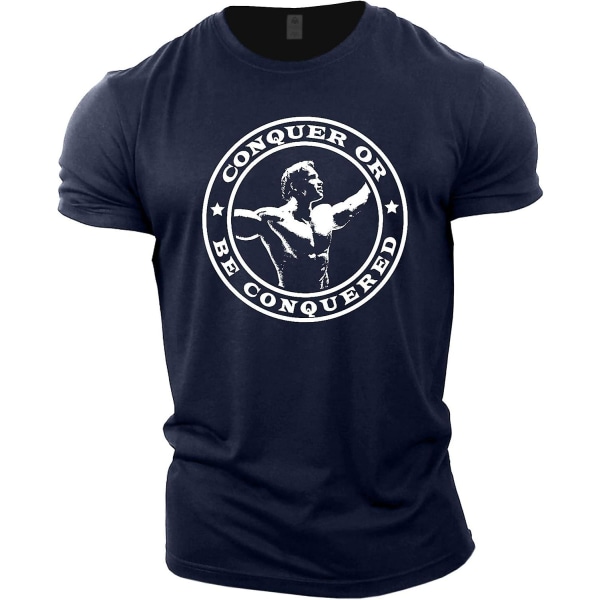 Gymtier Bodybuilding T-shirt för män - Arnold Schwarzenegger Conquer - Gym Training Top Navy XL