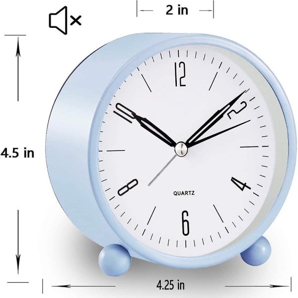 Himmelsblå analog väckarklocka, 10 cm icke-tickande supertyst liten klocka med nattljus, batteridriven, enkel design, för sovrum, säng, kontor