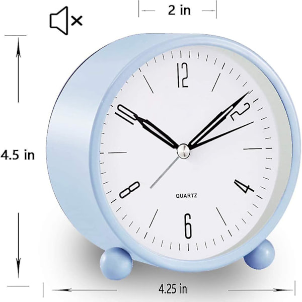 Lyseblå Analog Vækkeur, 10 cm Lydløs Lille Ur med Natlys, Batteridrevet, Simpelt Design, Til Soveværelse, Sengebord, Kontor