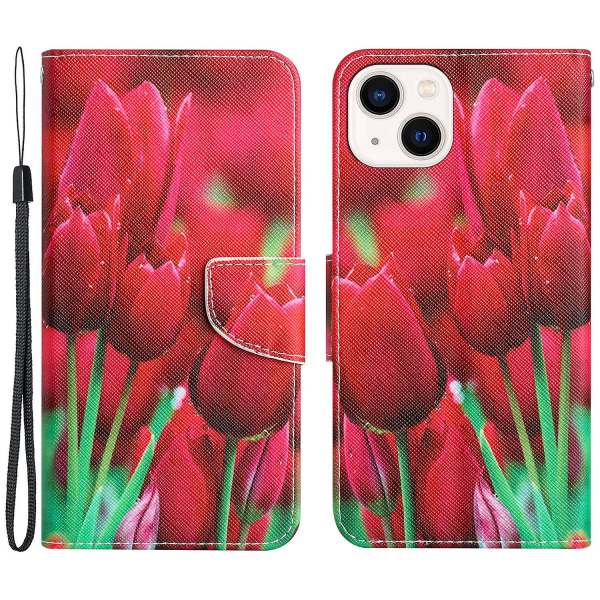 Til Iphone 15 Plus Folio Pu Læder Stand Wallet Case Mønster Print Telefon Cover Med Rem Tulip