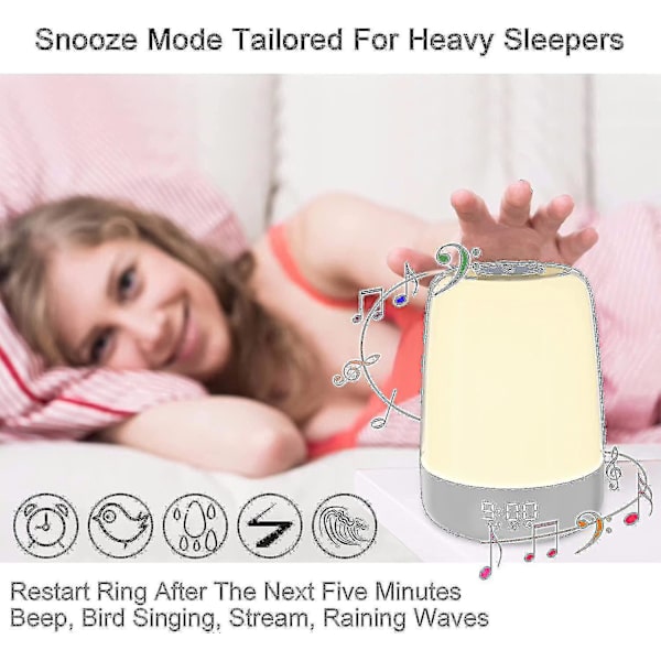 Touch Wake Up Night Light med soluppgångssimulering väckarklocka, 3-vägs dimbar varmvit sänglampa, sömnhjälp Snooze Timer Mode