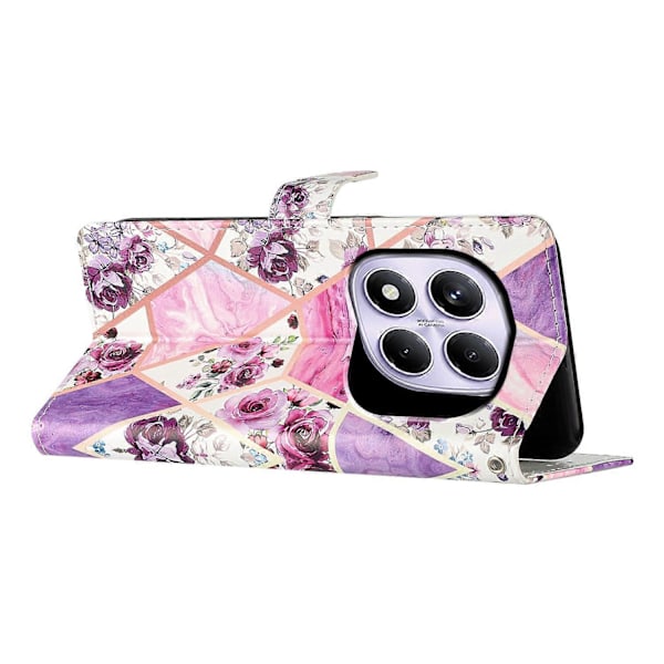 Pung etui i PU-læder med mønstertryk og stativ til Xiaomi Redmi Note 14 Pro 4G med rem Multicolor Purple Flowers