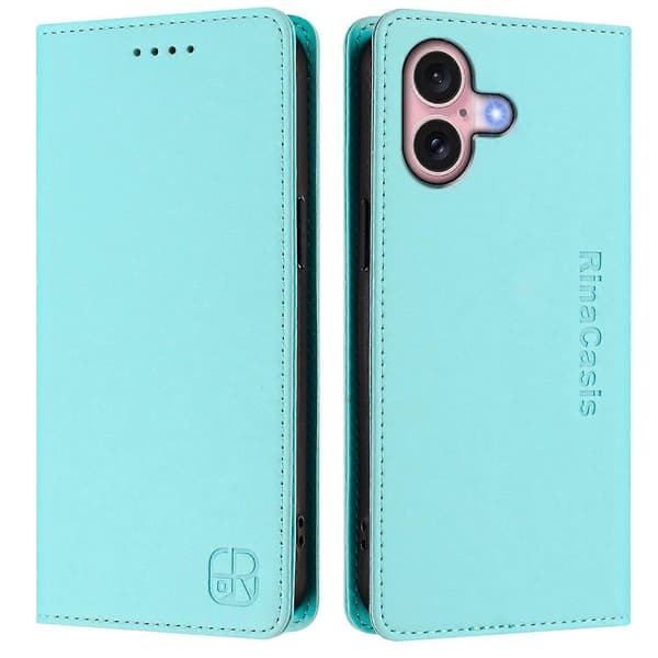 Läderfodral RINACASIS RC01 för iPhone 16 med RFID-skydd, plånboksställ Multicolor Mint Green