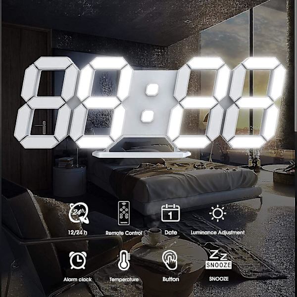 3D LED digital väggklocka Stor lysande väckarklocka Ljudfri snoozefunktion Justerbar ljusstyrka