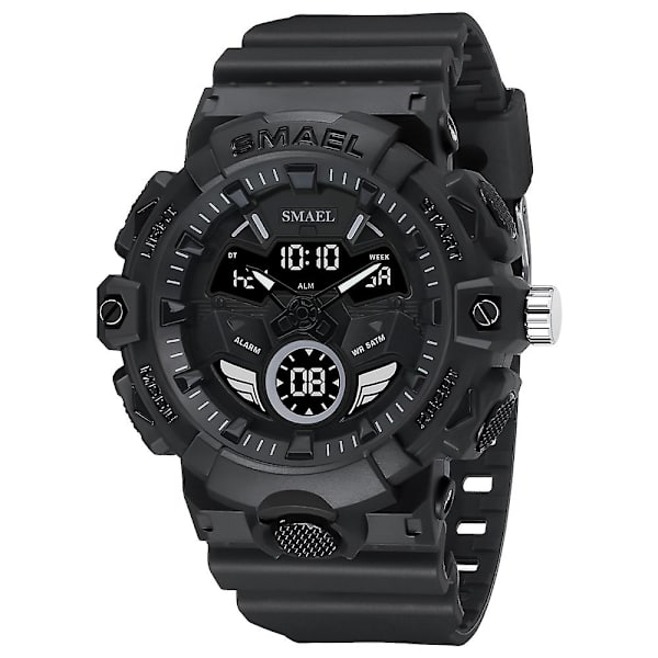 Smael Digitalt og Quartz Urværk Herre Sportsure LED Lys Multifunktionel Chrono Dato Vandtæt Analogt Elektronisk Armbåndsur Black