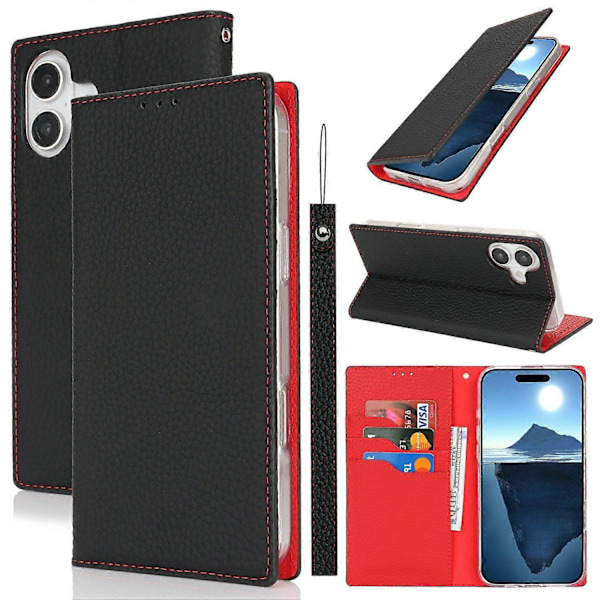 Plånboksfodral för iPhone 16 Plus Äkta Läder Telefonskal Litchi Textur Multicolor Style A