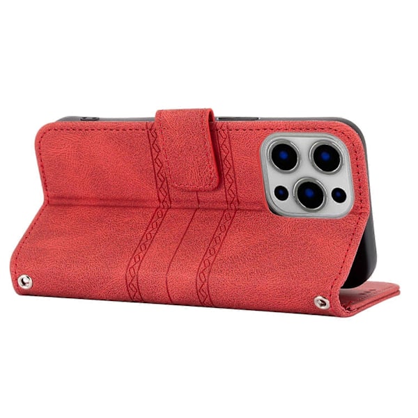 För iPhone 15 Pro Max Skal Präglat Läder Ställ Stöttåligt Telefonskal med Rem Multicolor Style E