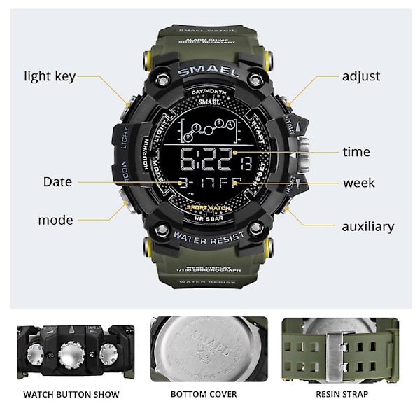 Smael Watch Militär Vattentät Sportarmbandsur Digitala stoppur för män 1802 Militär elektroniska klockor Manklocka Light Blue