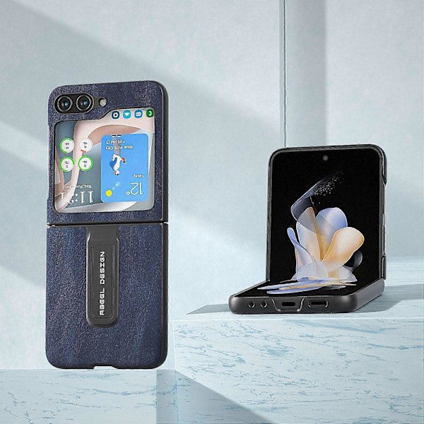 För Samsung Galaxy Z Flip5 5G Mobilskal med Kohudstruktur PU Läderbelagd PC Ställ Multicolor Style D