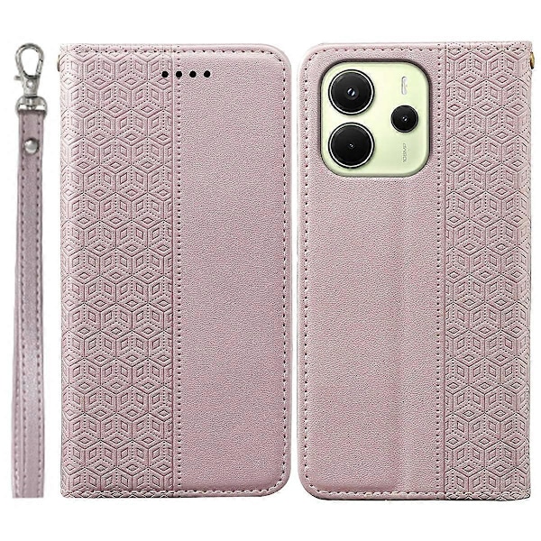 Plånboksfodral för Xiaomi Redmi Note 14 4G, Stark Magnetisk Rutigt Mönster Präglat Läder Flip Multicolor Rose Gold