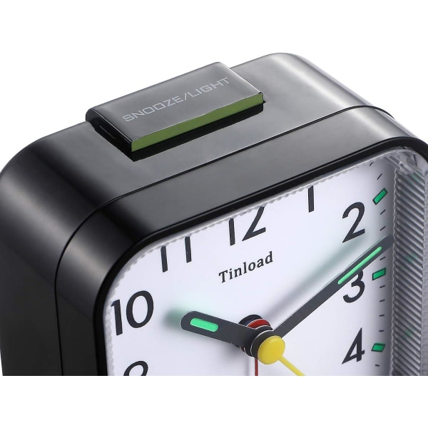 Liten batteridriven analog väckarklocka Tyst, inte tickande, stigande pipljud, snooze, ljusfunktioner, enkel set(svart)