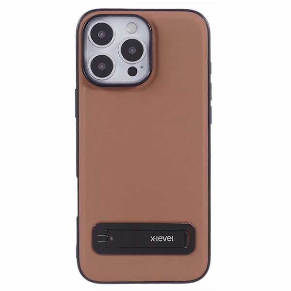 X-LEVEL Läderöverdraget PC TPU Telefon Skal med Metallstativ för iPhone 16 Pro - Multicolor Brown
