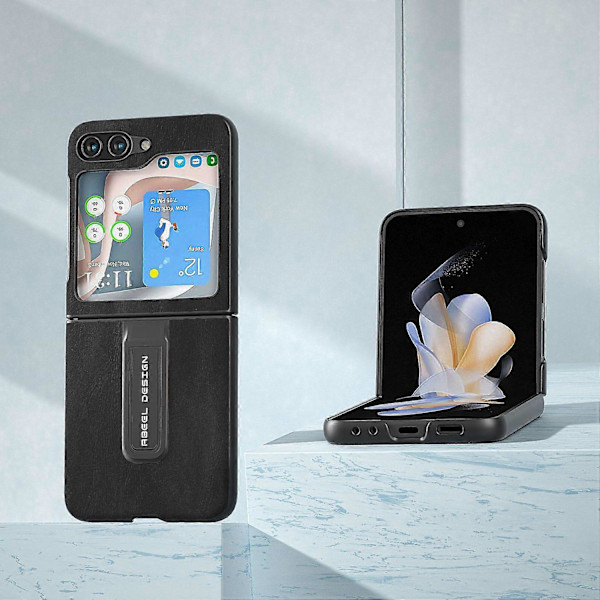 För Samsung Galaxy Z Flip5 5G Mobilskal med Kohudstruktur PU Läderbelagd PC Ställ Multicolor Style B