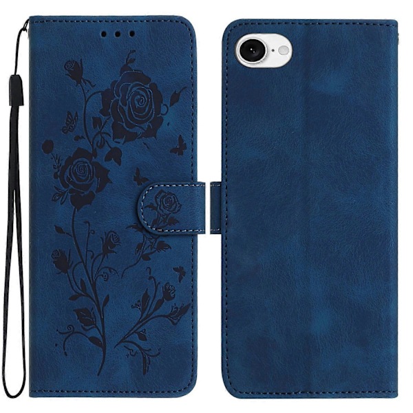 For iPhone 16e Wallet Case Rose Mønster Præget Læder Flip Stand Telefon Cover Multicolor Dark Blue