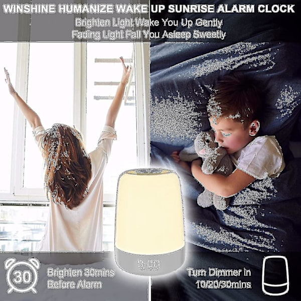 Touch Wake Up Night Light med soluppgångssimulering väckarklocka, 3-vägs dimbar varmvit sänglampa, sömnhjälp Snooze Timer Mode