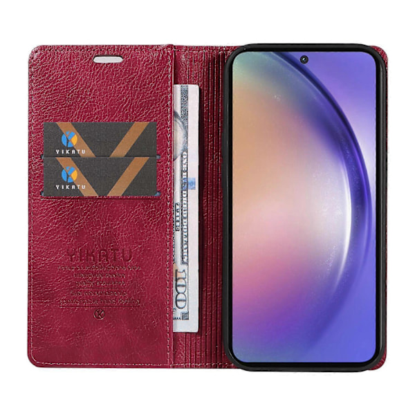 YIKATU YK-006 Deksel til Samsung Galaxy A55 5G Magnetisk Lukking PU Lær+TPU Lommebok Stativ Deksel Multicolor Wine Red