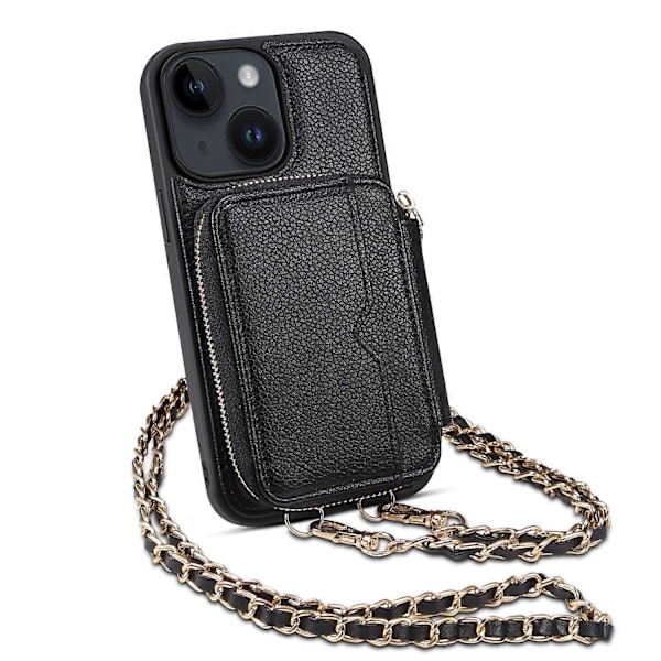 För iPhone 15 Plus Ställ Zipper Plånbok Baksida PU Läder+TPU Mobilskal med Kedjerem Multicolor Style C