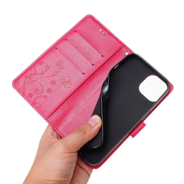 För Iphone 15 Plus Pu Läder Cover Phone case Imprinted Butterflies Shell Stand with rem Red