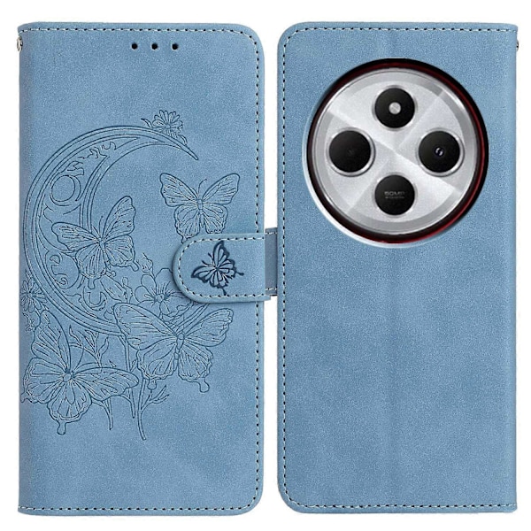 PU Læder Etui Til Xiaomi Redmi 14C 4G/ Redmi A3 Pro 4G/ Poco C75 4G Sommerfugl Blomst Præget Wal Multicolor Sky Blue