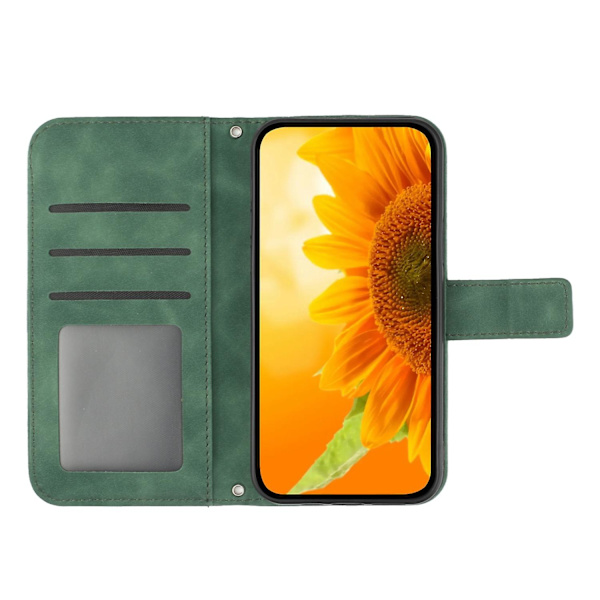 Ht04 Pu Läder Phone case För Oppo Reno10 Pro+ 5g Sunflower Imprint Cover med axelrem Dark Green