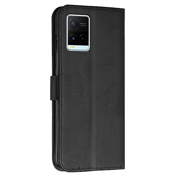 For Vivo Y33s / Y21s / Y21 Sammenleggbart Stativ Sydd Pu-Lærveske Stativ Magnetisk Lukking Støtsikker Flip Folio Bokdeksel Med Stropp Black