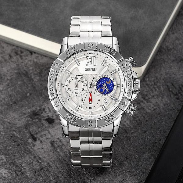 Skmei 9235 Men Moonphase Stoppur Quartz Watch Silver