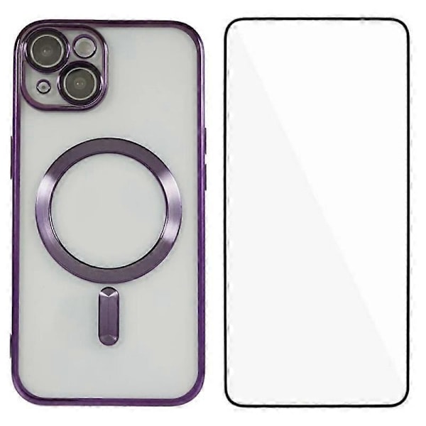 Magnetiskt skal för iPhone 15 Plus WANLONFENG Fullständigt skydd Elektropläterat TPU-skal med härdat glas Multicolor Dark Purple
